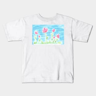 Beautiful watercolor painted pink flowers on a blue background Kids T-Shirt